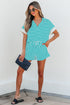 Striped V Neck Contrast Cuff Top And Drawstring Short Lounge Set